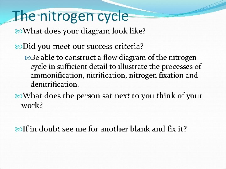 The nitrogen cycle What does your diagram look like? Did you meet our success