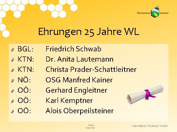 Ehrungen 25 Jahre WL BGL: KTN: NÖ: OÖ: OÖ: Friedrich Schwab Dr. Anita Lautemann