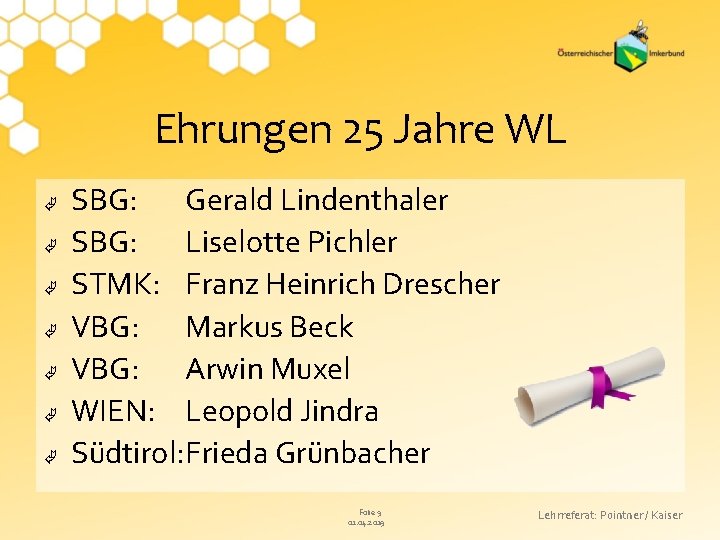 Ehrungen 25 Jahre WL SBG: Gerald Lindenthaler SBG: Liselotte Pichler STMK: Franz Heinrich Drescher