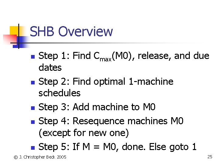 SHB Overview n n n Step 1: Find Cmax(M 0), release, and due dates
