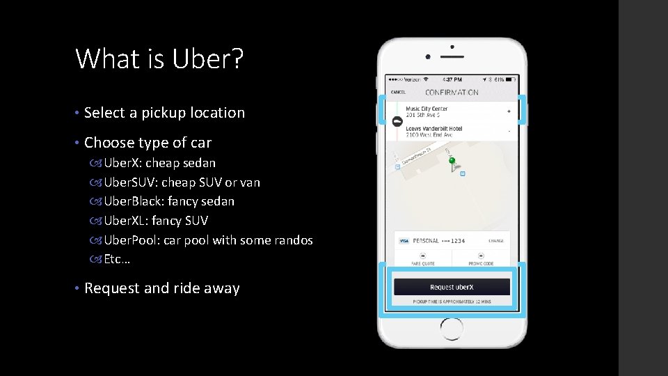 What is Uber? • Select a pickup location • Choose type of car Uber.