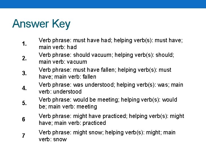 Answer Key 1. 2. 3. 4. 5. Verb phrase: must have had; helping verb(s):