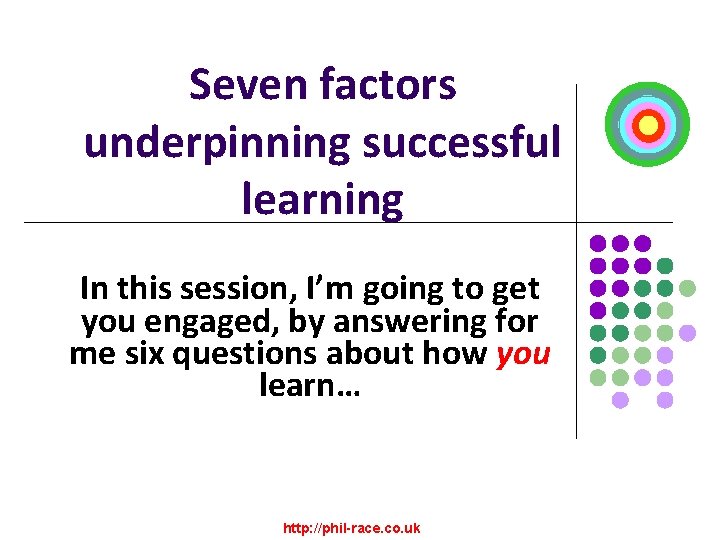 Seven factors underpinning successful learning In this session, I’m going to get you engaged,