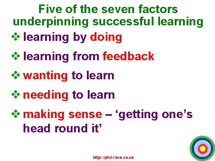 Five of the seven factors underpinning successful learning v learning by doing v learning