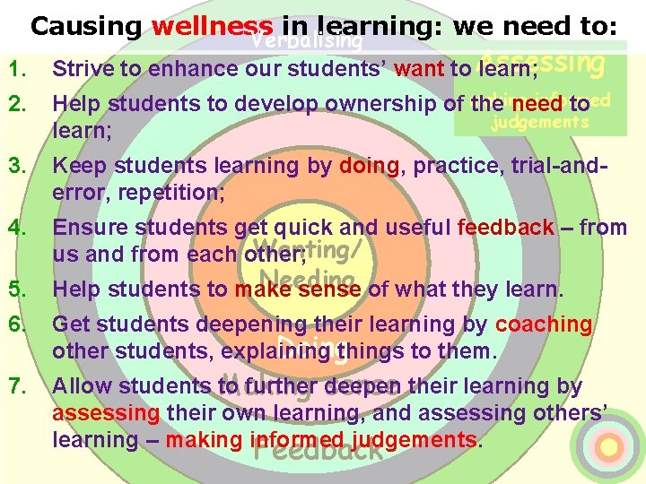 Causing wellness in learning: we need to: Verbalising 1. Ripples on a pond…. Strive