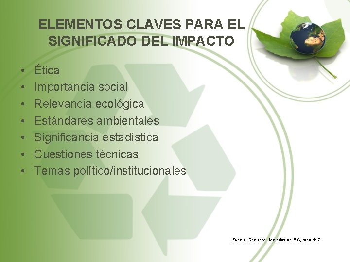 ELEMENTOS CLAVES PARA EL SIGNIFICADO DEL IMPACTO • • Ética Importancia social Relevancia ecológica