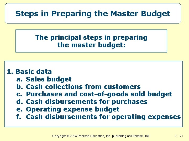 Steps in Preparing the Master Budget The principal steps in preparing the master budget: