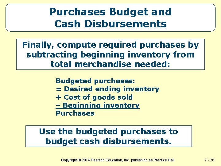 Purchases Budget and Cash Disbursements Finally, compute required purchases by subtracting beginning inventory from