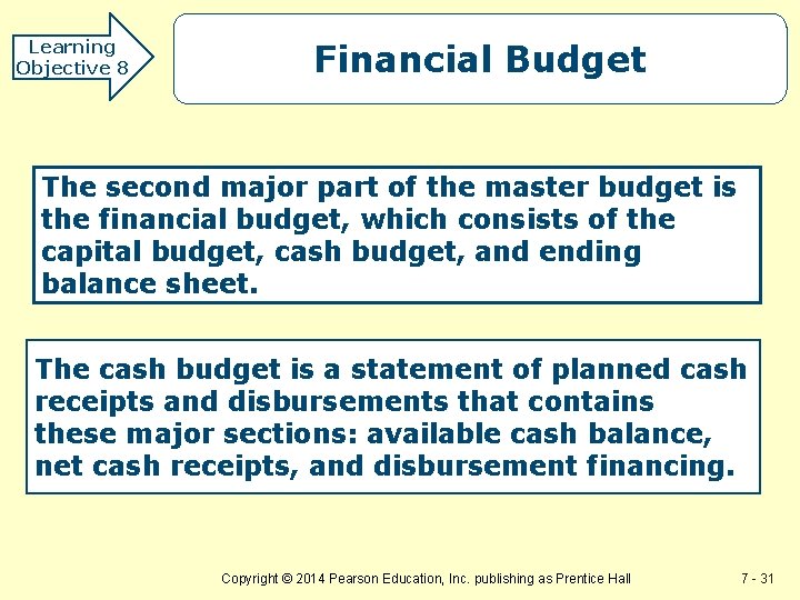 Learning Objective 8 Financial Budget The second major part of the master budget is