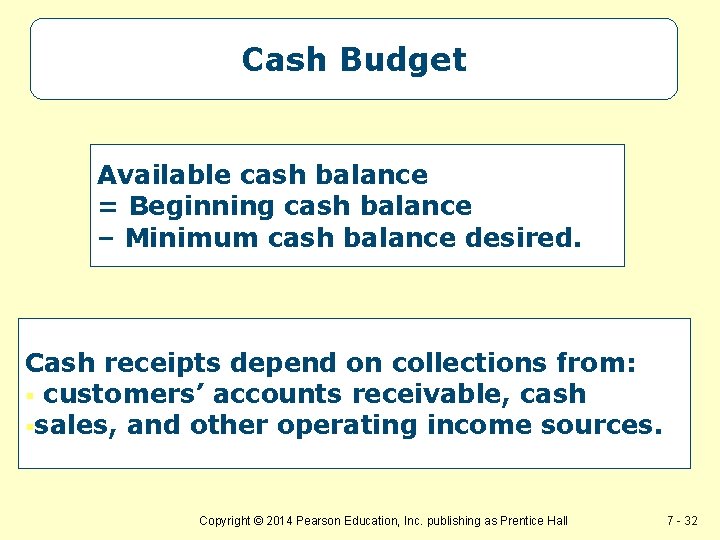 Cash Budget Available cash balance = Beginning cash balance – Minimum cash balance desired.