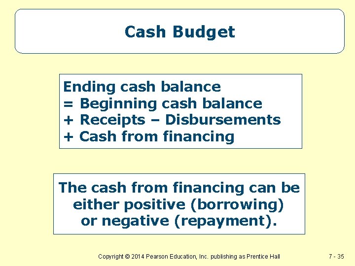 Cash Budget Ending cash balance = Beginning cash balance + Receipts – Disbursements +