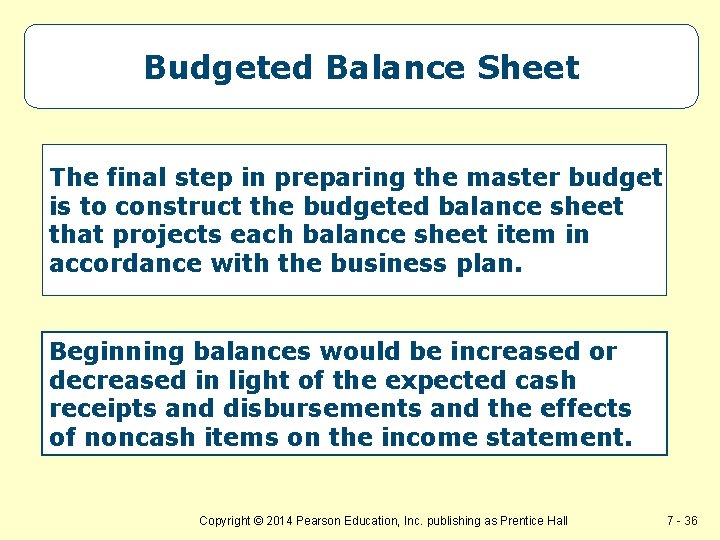 Budgeted Balance Sheet The final step in preparing the master budget is to construct