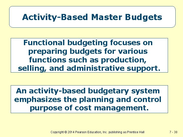 Activity-Based Master Budgets Functional budgeting focuses on preparing budgets for various functions such as