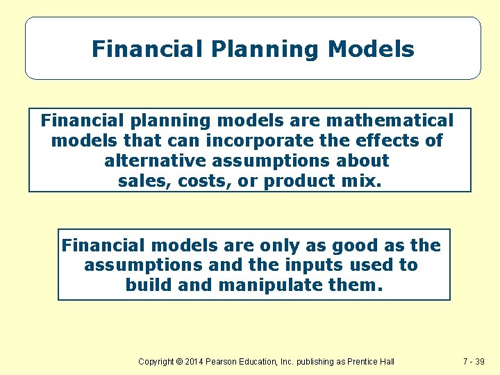 Financial Planning Models Financial planning models are mathematical models that can incorporate the effects