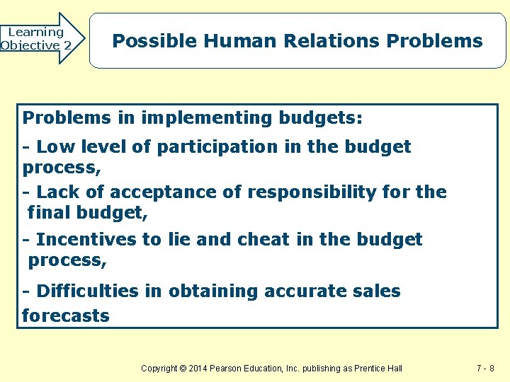 Learning Objective 2 Possible Human Relations Problems in implementing budgets: - Low level of