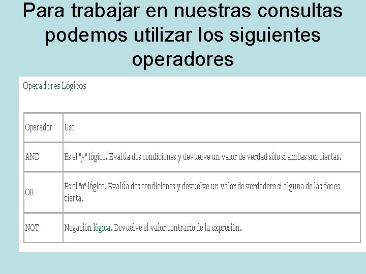 Para trabajar en nuestras consultas podemos utilizar los siguientes operadores 