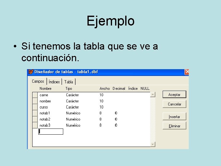 Ejemplo • Si tenemos la tabla que se ve a continuación. 