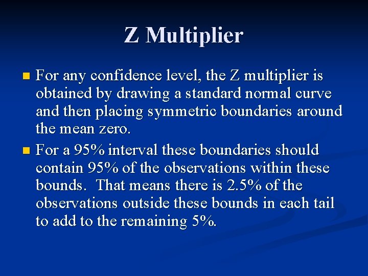 Z Multiplier For any confidence level, the Z multiplier is obtained by drawing a