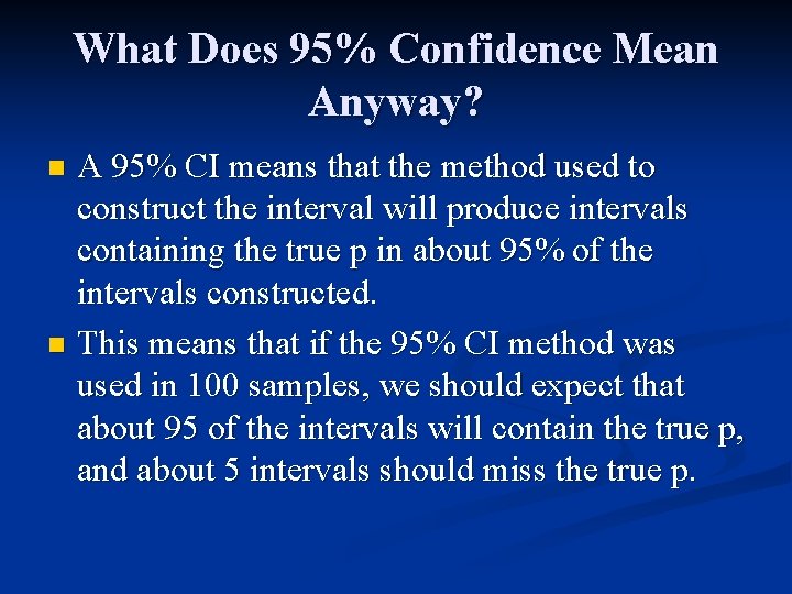 What Does 95% Confidence Mean Anyway? A 95% CI means that the method used