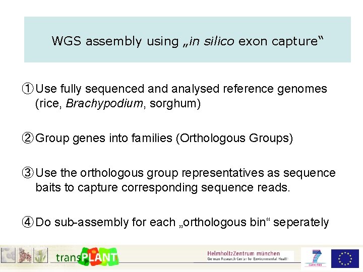 WGS assembly using „in silico exon capture“ ① Use fully sequenced analysed reference genomes