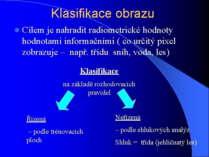 Klasifikace obrazu l Cílem je nahradit radiometrické hodnoty hodnotami informačními ( co určitý pixel