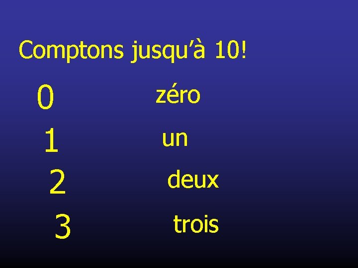 Comptons jusqu’à 10! 0 1 2 3 zéro un deux trois 