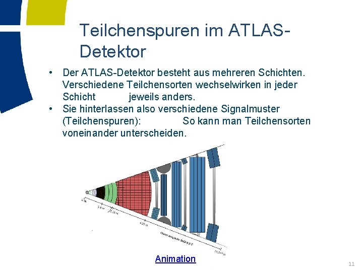 Teilchenspuren im ATLASDetektor • Der ATLAS-Detektor besteht aus mehreren Schichten. Verschiedene Teilchensorten wechselwirken in