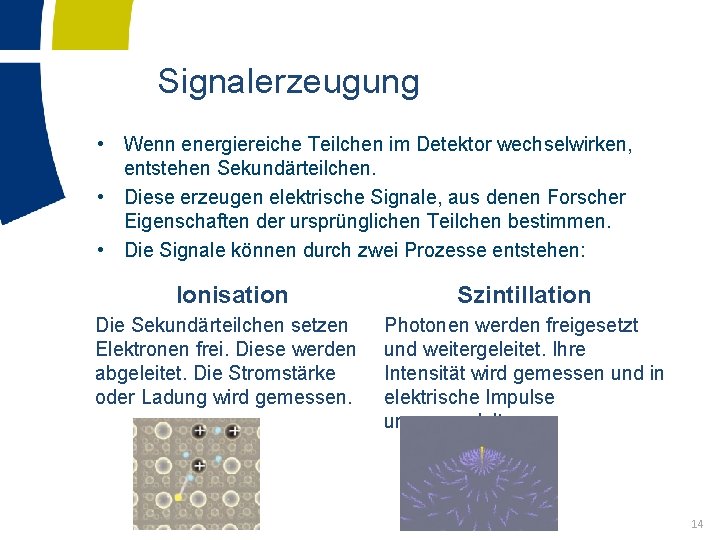 Signalerzeugung • Wenn energiereiche Teilchen im Detektor wechselwirken, entstehen Sekundärteilchen. • Diese erzeugen elektrische