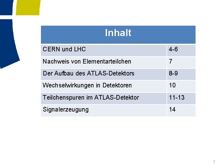 Inhalt CERN und LHC 4 -6 Nachweis von Elementarteilchen 7 Der Aufbau des ATLAS-Detektors