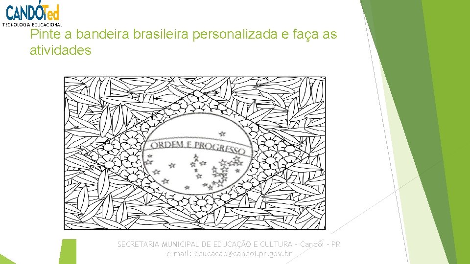 TECNOLOGIA EDUCACIONAL Pinte a bandeira brasileira personalizada e faça as atividades SECRETARIA MUNICIPAL DE