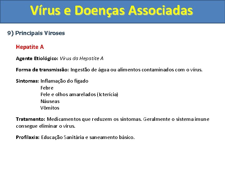 Vírus e Doenças Associadas 9) Principais Viroses Hepatite A Agente Etiológico: Vírus da Hepatite