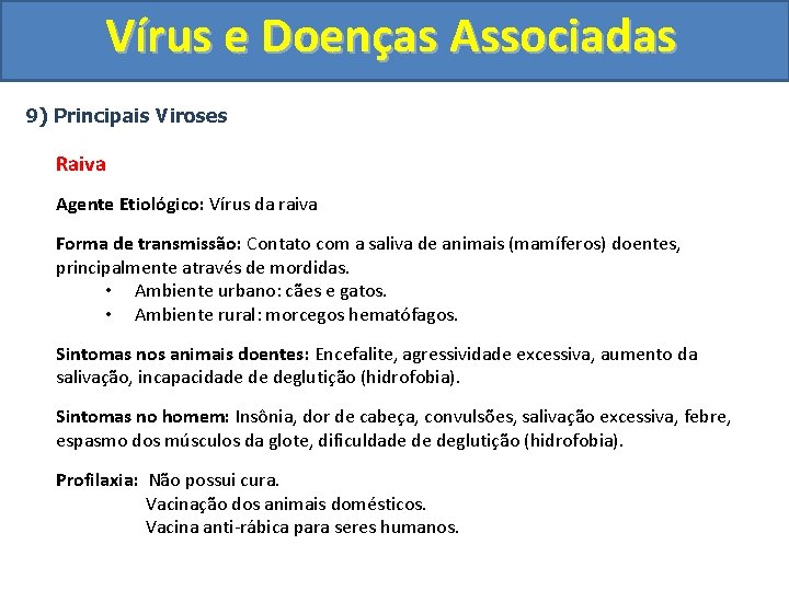 Vírus e Doenças Associadas 9) Principais Viroses Raiva Agente Etiológico: Vírus da raiva Forma