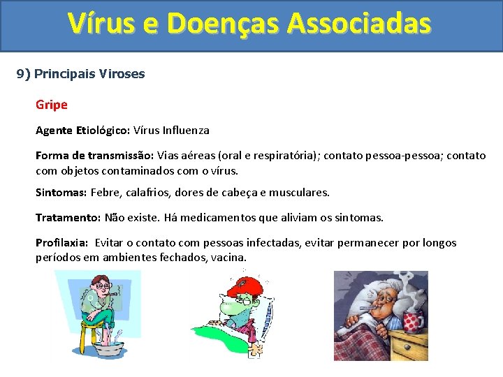 Vírus e Doenças Associadas 9) Principais Viroses Gripe Agente Etiológico: Vírus Influenza Forma de
