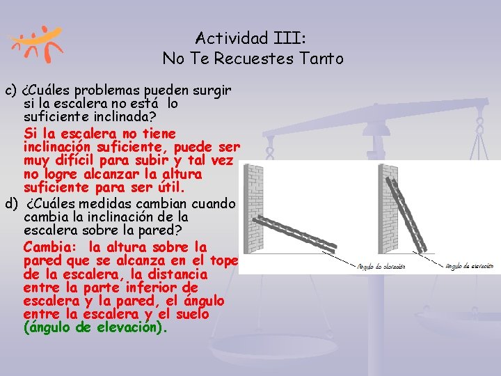 Actividad III: No Te Recuestes Tanto c) ¿Cuáles problemas pueden surgir si la escalera