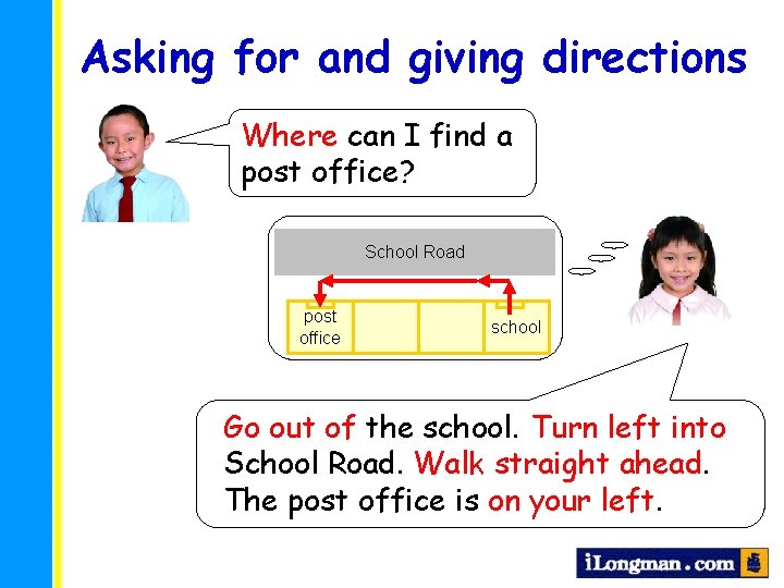 Asking for and giving directions Where can I find a post office? School Road