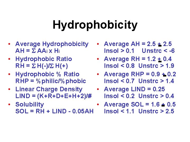 Hydrophobicity • Average Hydrophobicity AH = S AAi x Hi • Hydrophobic Ratio RH