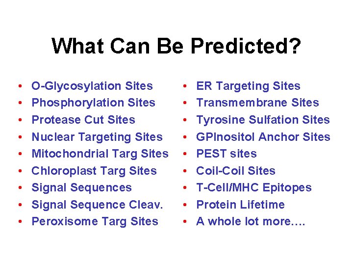 What Can Be Predicted? • • • O-Glycosylation Sites Phosphorylation Sites Protease Cut Sites