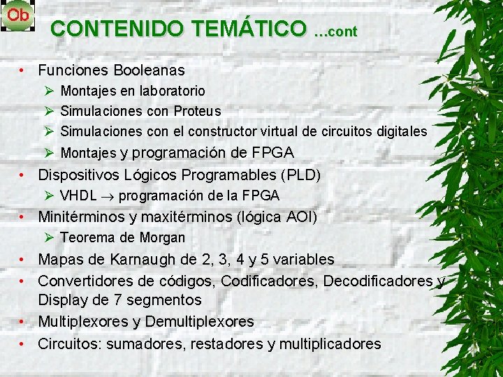 CONTENIDO TEMÁTICO …cont • Funciones Booleanas Ø Montajes en laboratorio Ø Simulaciones con Proteus