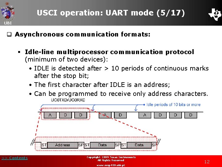 USCI operation: UART mode (5/17) UBI q Asynchronous communication formats: § Idle-line multiprocessor communication