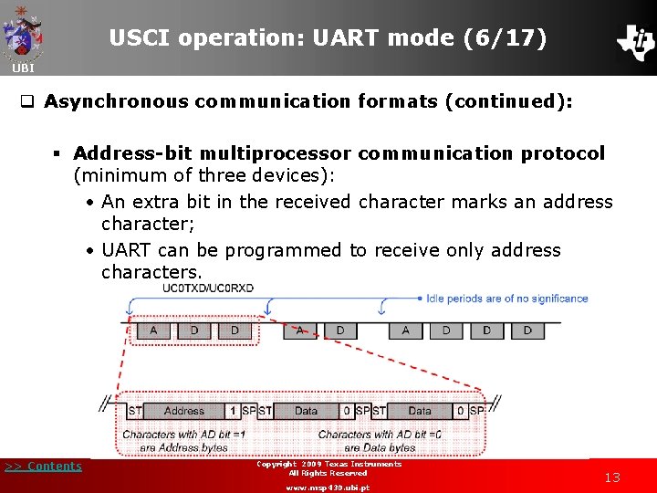 USCI operation: UART mode (6/17) UBI q Asynchronous communication formats (continued): § Address-bit multiprocessor