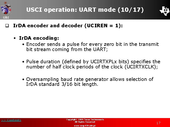USCI operation: UART mode (10/17) UBI q Ir. DA encoder and decoder (UCIREN =