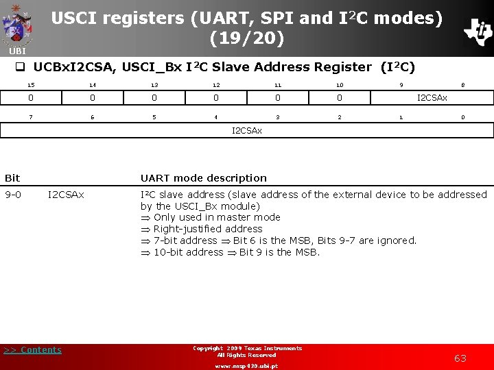 USCI registers (UART, SPI and I 2 C modes) (19/20) UBI q UCBx. I