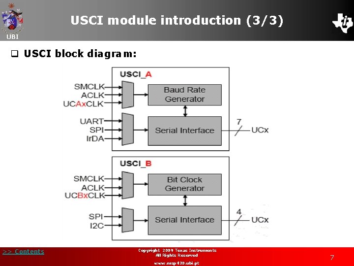 USCI module introduction (3/3) UBI q USCI block diagram: >> Contents Copyright 2009 Texas