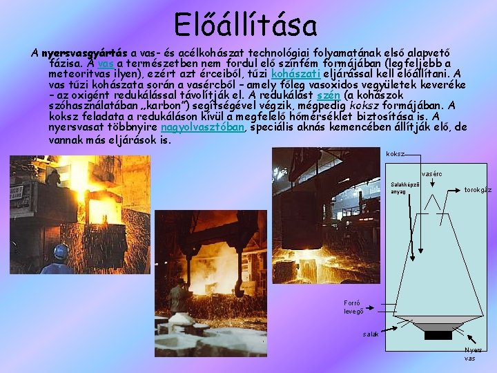 Előállítása A nyersvasgyártás a vas- és acélkohászat technológiai folyamatának első alapvető fázisa. A vas