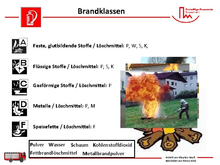 Brandklassen Feste, glutbildende Stoffe / Löschmittel: P, W, S, K, Flüssige Stoffe / Löschmittel: