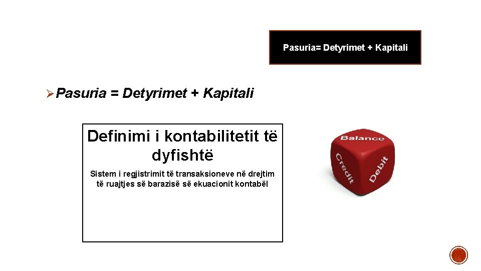 Pasuria= Detyrimet + Kapitali ØPasuria = Detyrimet + Kapitali Definimi i kontabilitetit të dyfishtë Pasuria= Detyrimet + Kapitali ØPasuria = Detyrimet + Kapitali Definimi i kontabilitetit të dyfishtë