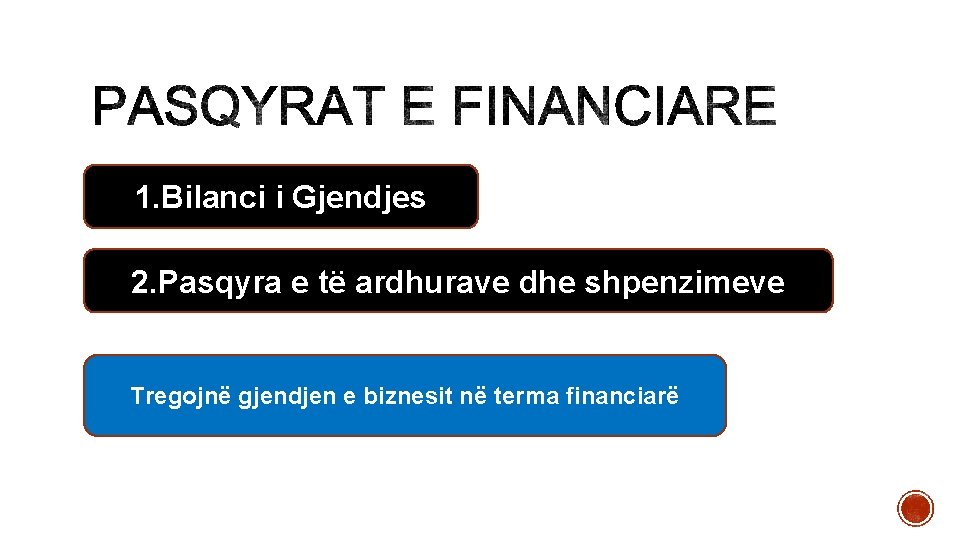 1. Bilanci i Gjendjes 2. Pasqyra e të ardhurave dhe shpenzimeve Tregojnë gjendjen e 1. Bilanci i Gjendjes 2. Pasqyra e të ardhurave dhe shpenzimeve Tregojnë gjendjen e