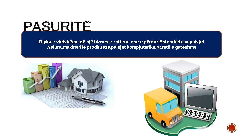 Diçka e vlefshëme që një biznes e zotëron ose e përdor. Psh: ndërtesa, paisjet Diçka e vlefshëme që një biznes e zotëron ose e përdor. Psh: ndërtesa, paisjet