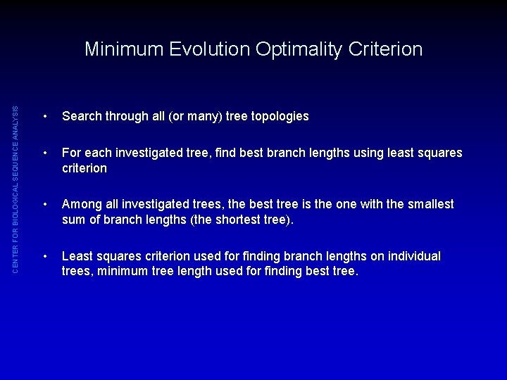 CENTER FOR BIOLOGICAL SEQUENCE ANALYSIS Minimum Evolution Optimality Criterion • Search through all (or