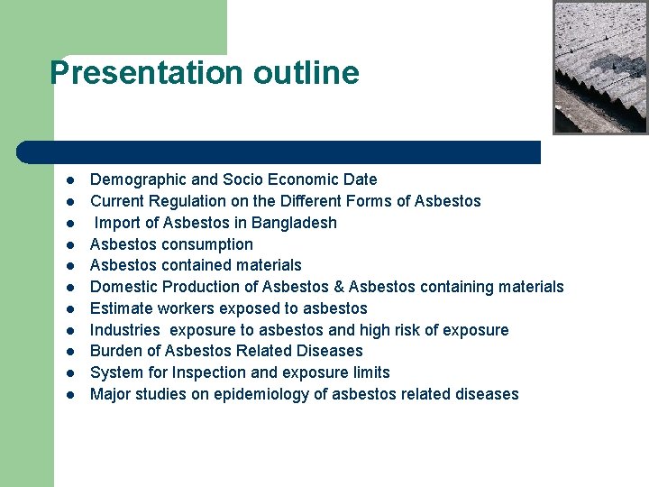 Presentation outline l l l Demographic and Socio Economic Date Current Regulation on the